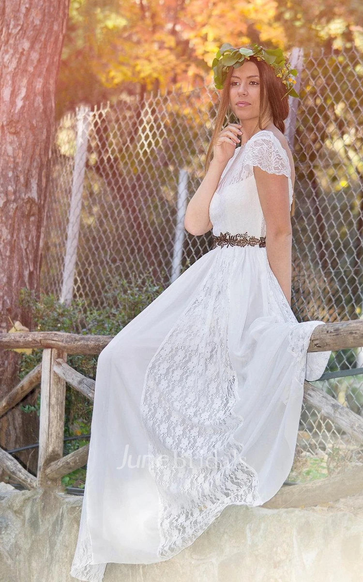 Jewel Deep-V Back Long Lace Wedding Dress With Sash And Flower