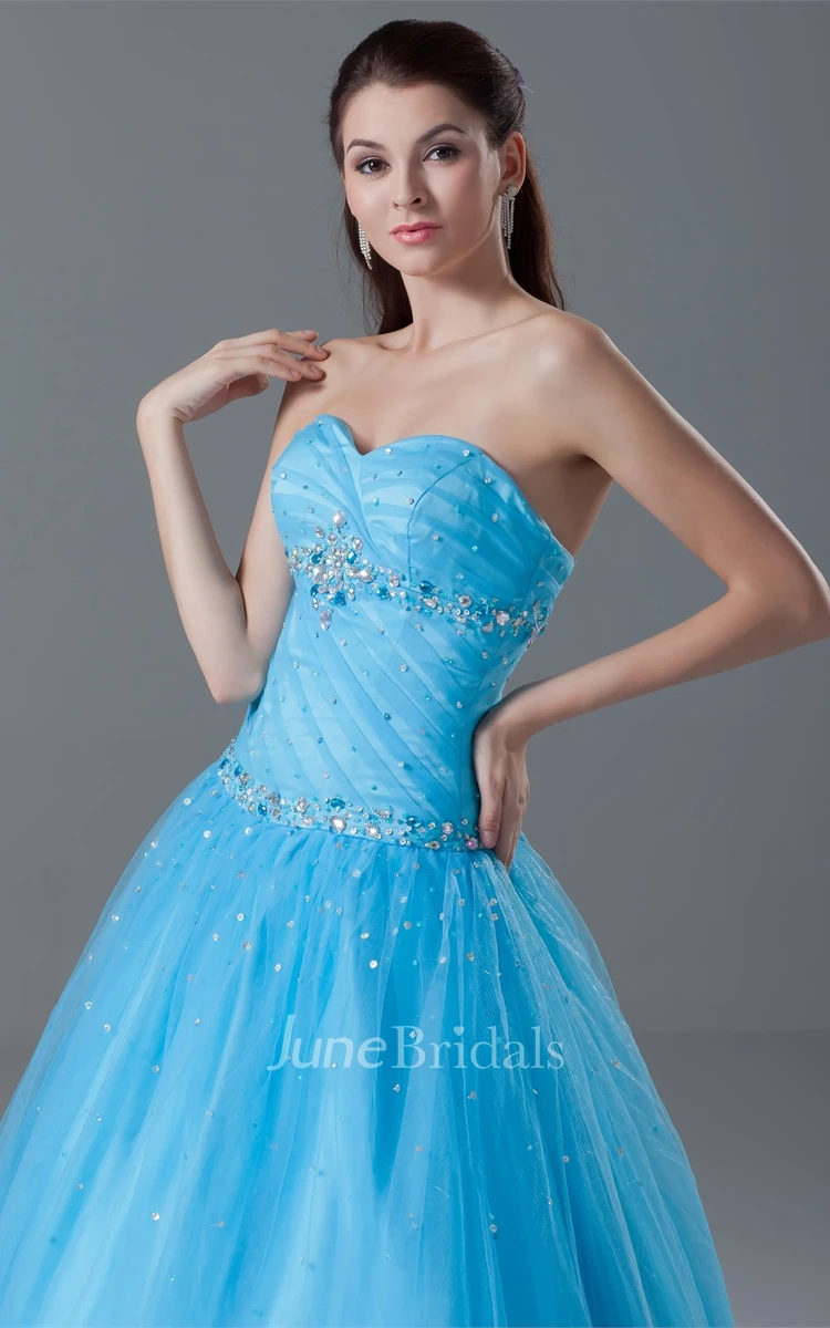 Sweetheart Jeweled Ball Gown with Ruching and Corset Back