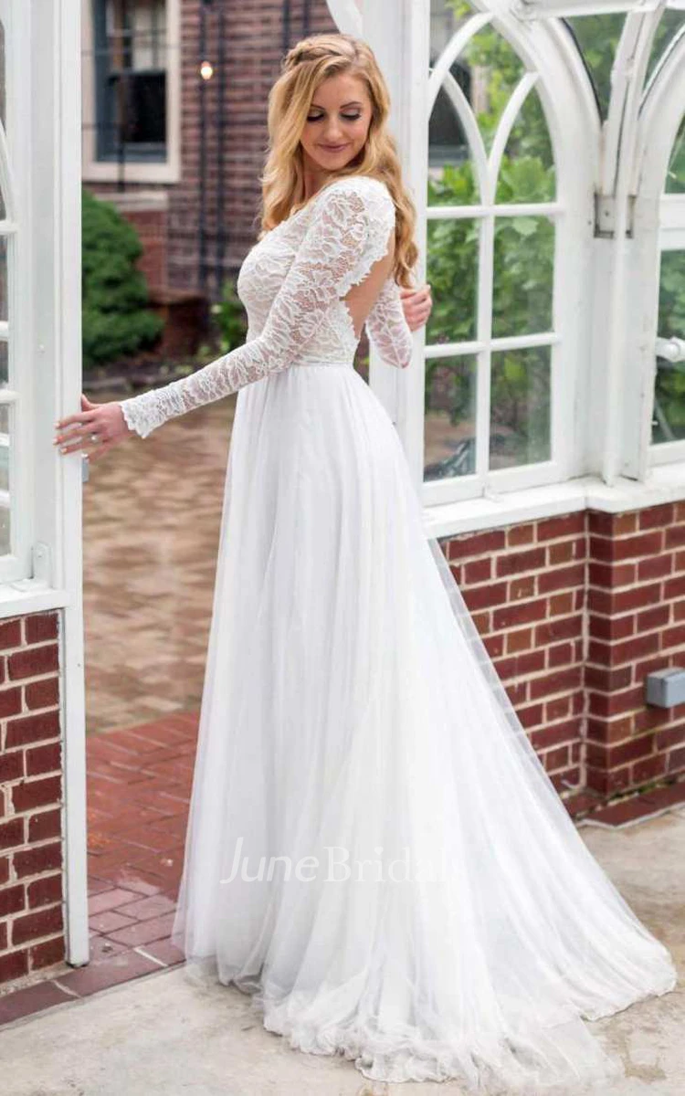 Long Sleeve Chiffon Tulle Lace Wedding Dress