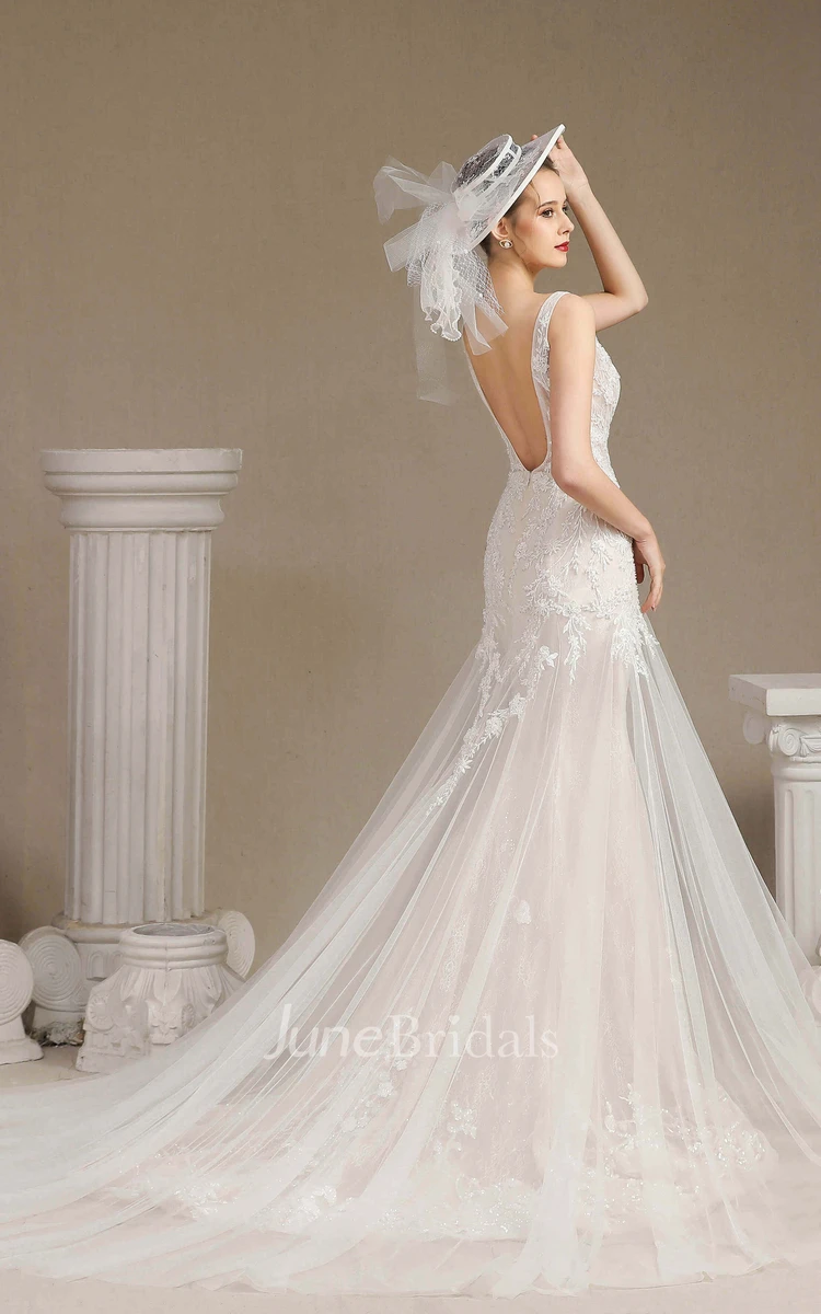 Lace Illusion Sleeveless Plunging Mermaid Appliqued Open Back Wedding Dress With Chapel Train