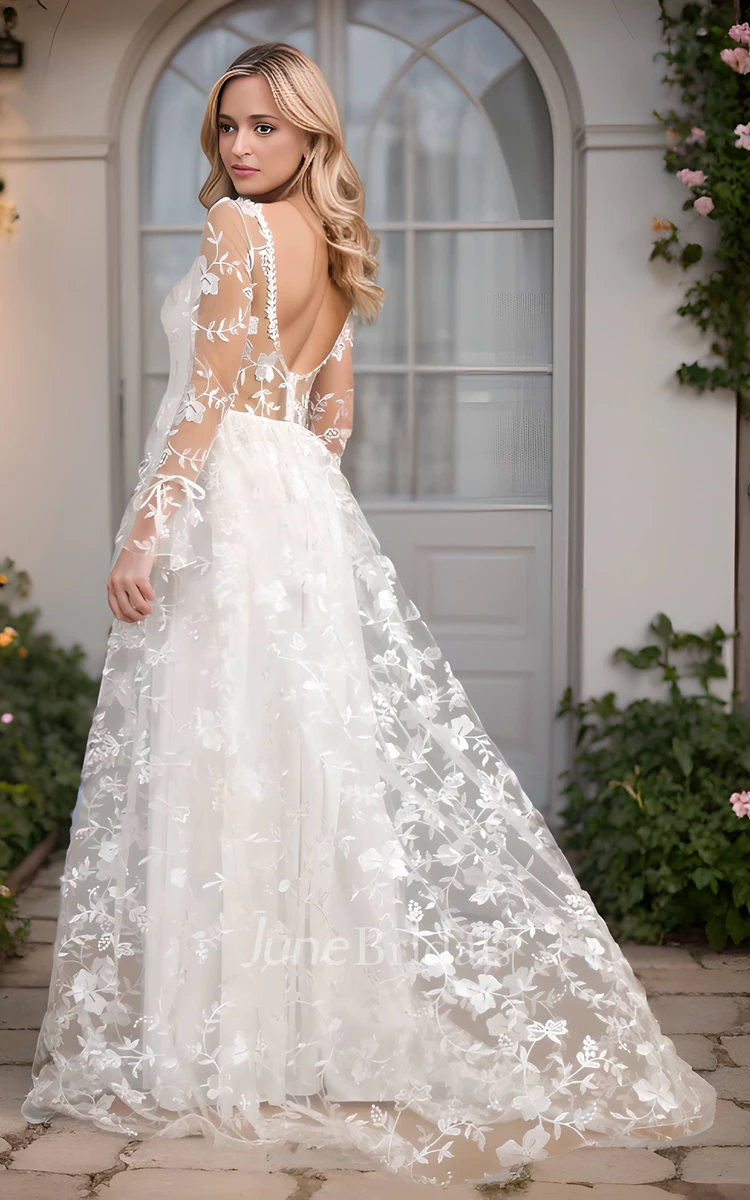 Elegant A-Line Long Sleeve Wedding Dress V-neck Floor-length Illusion Back