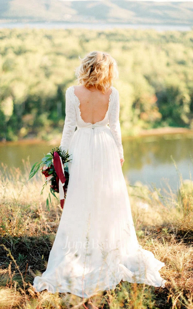 Romantic Chiffon Long A-Line Wedding Dress With Lace Bodice