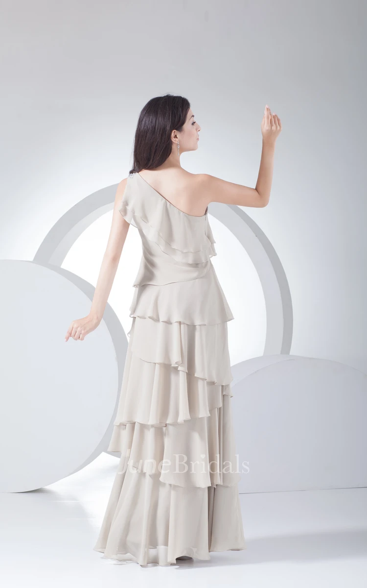 One-Shoulder Floor-Length Chiffon Dress With Tiers