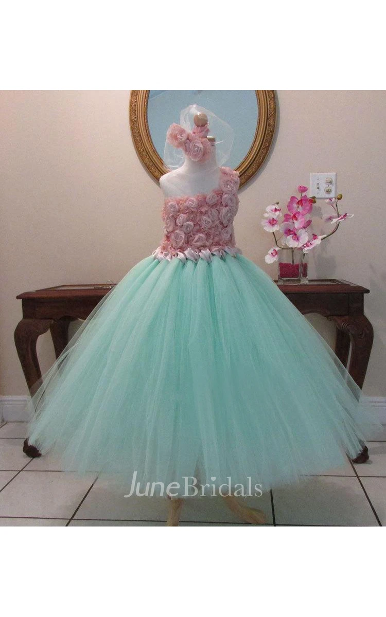 Chiffon Flower Bust Flower Girl Dress in Mint Green and Blush Pink Flower Girl Tutu Dress