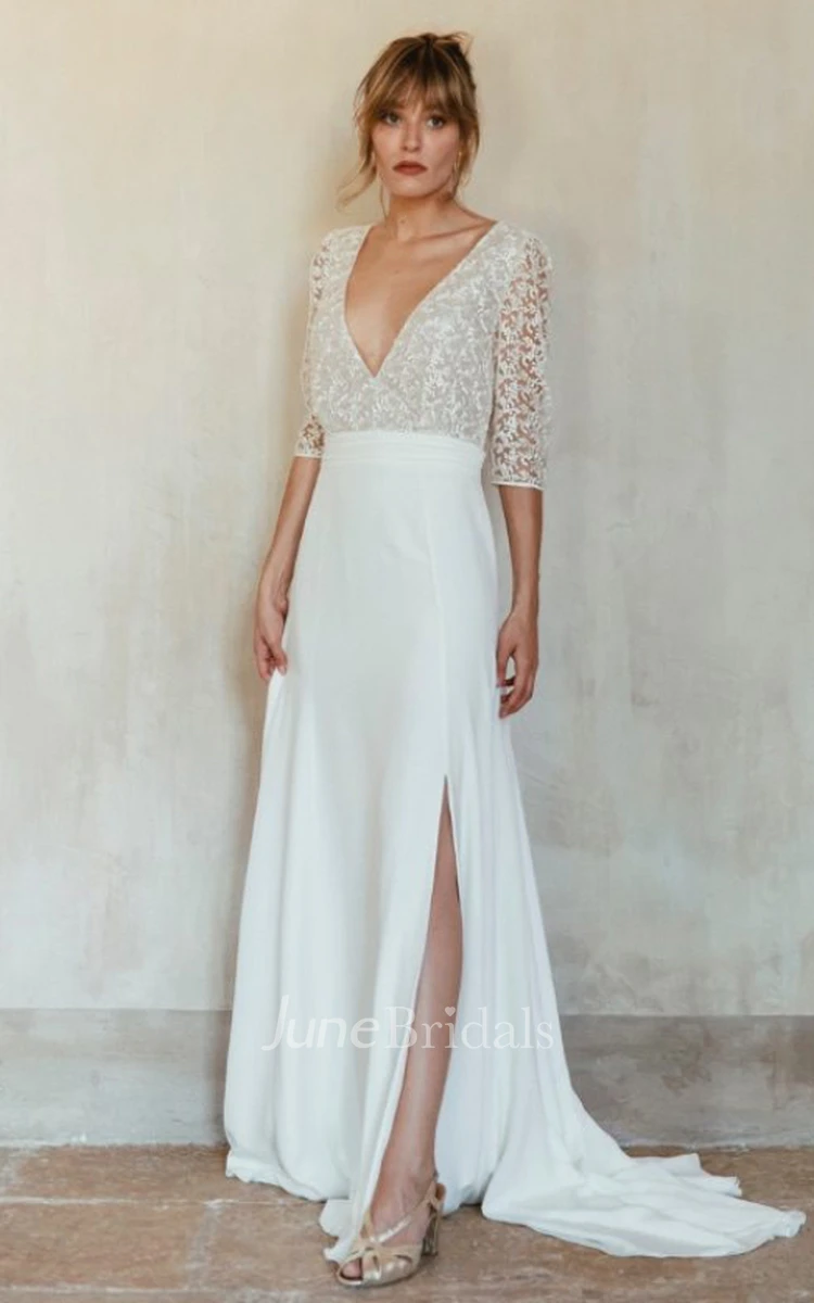 A-Line Lace  V-neck Chiffon Wedding Dress With Button Back And Half Sleeve