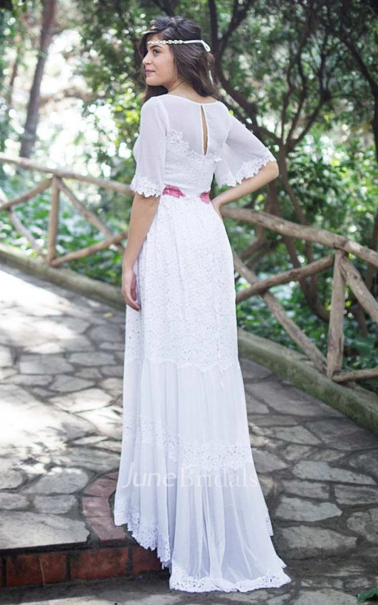 Bateau Bell-Sleeve Lace Full Wedding Dress