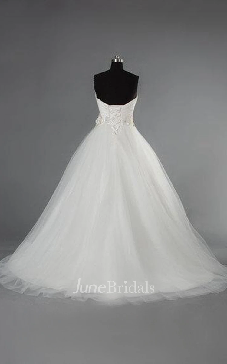 Satin and Tulle Ball Gown With Crisscross Ruching and Flowers