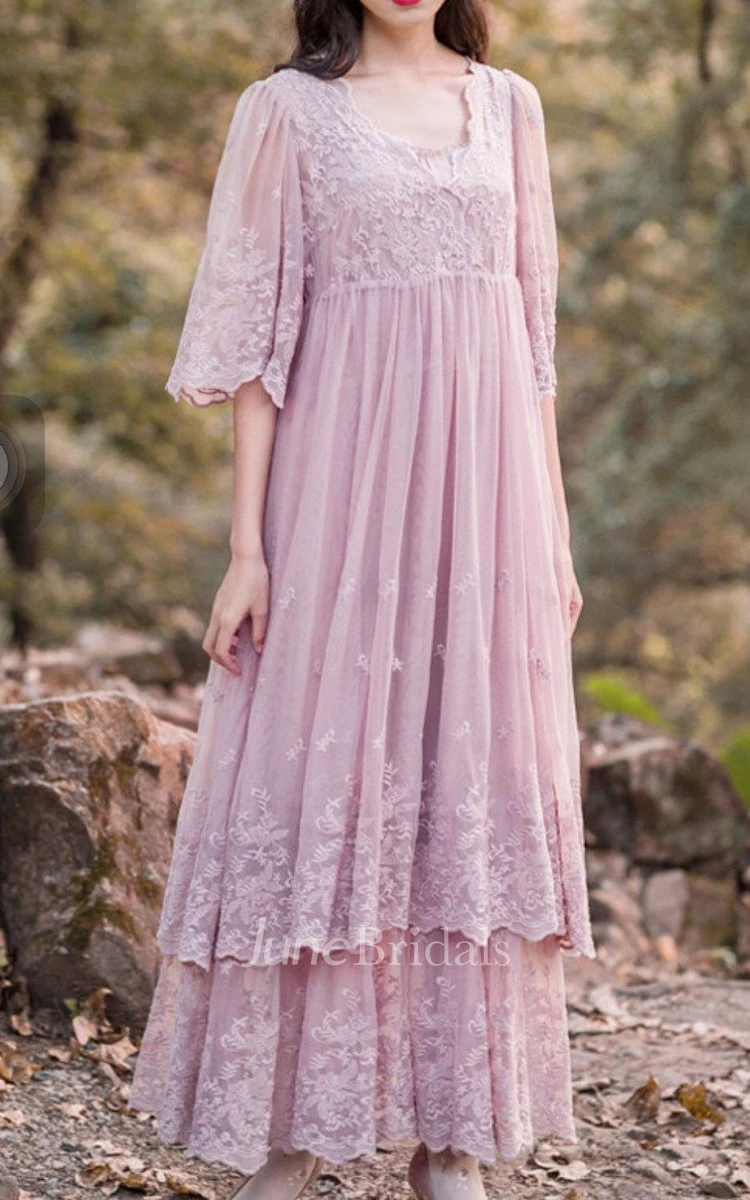 Lace Dress With Tiers&Flower&Embroideries