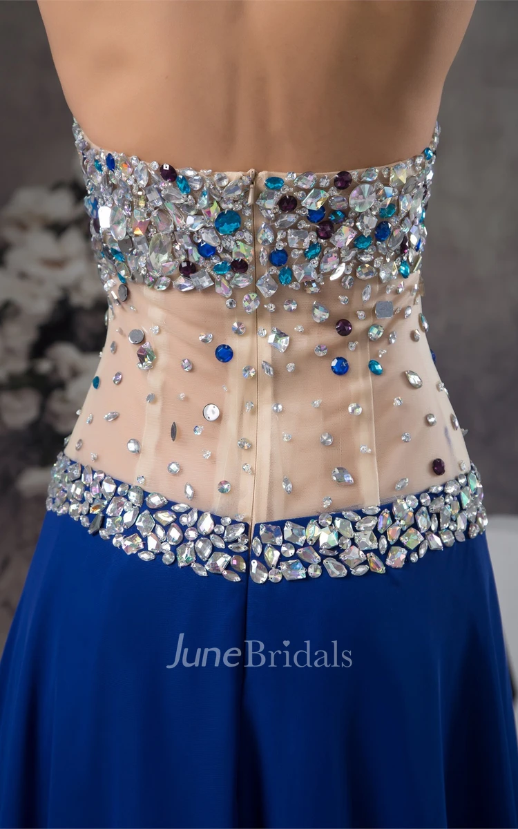 Plunged Front-Split Dress with Rhinestone and Illusion Waist