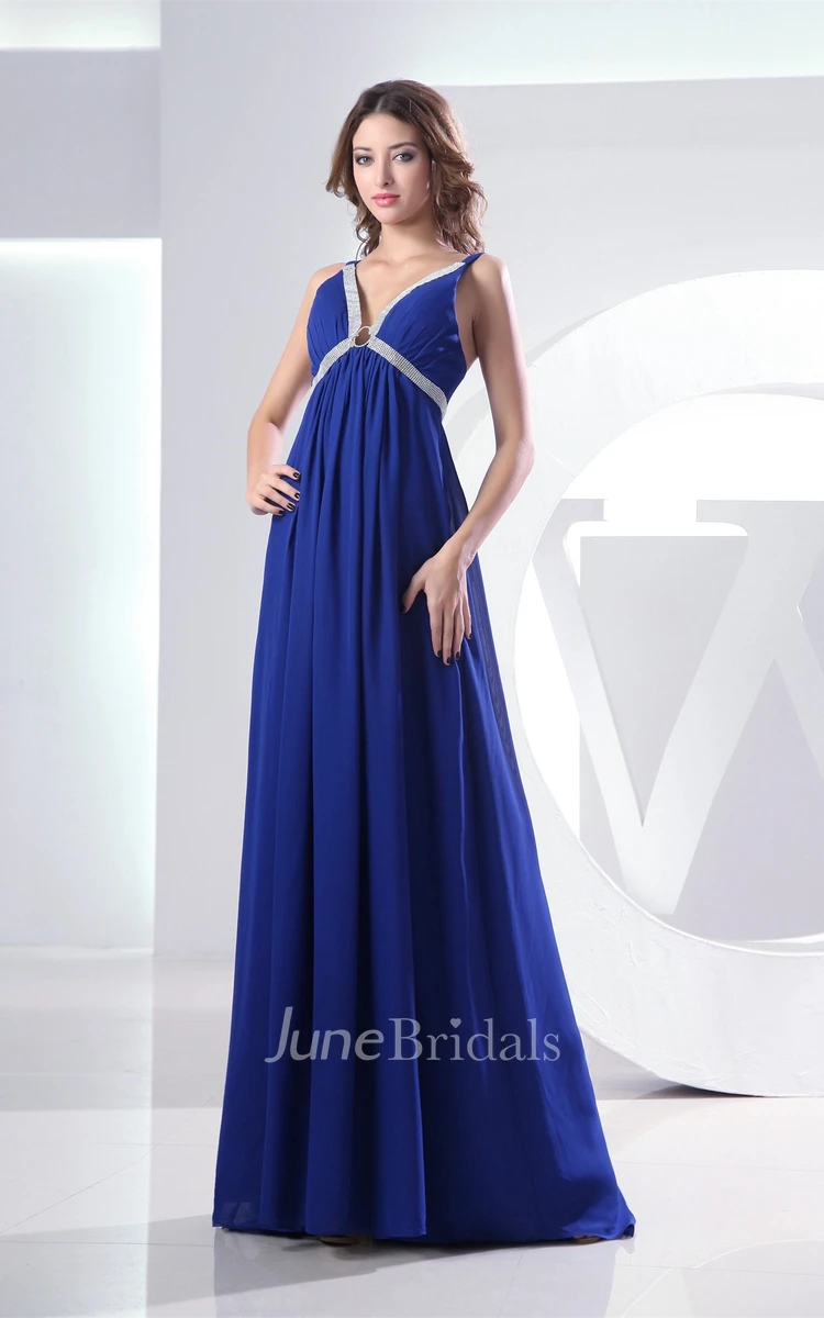 Plunged Empire Chiffon Dress with Beading and Pleats