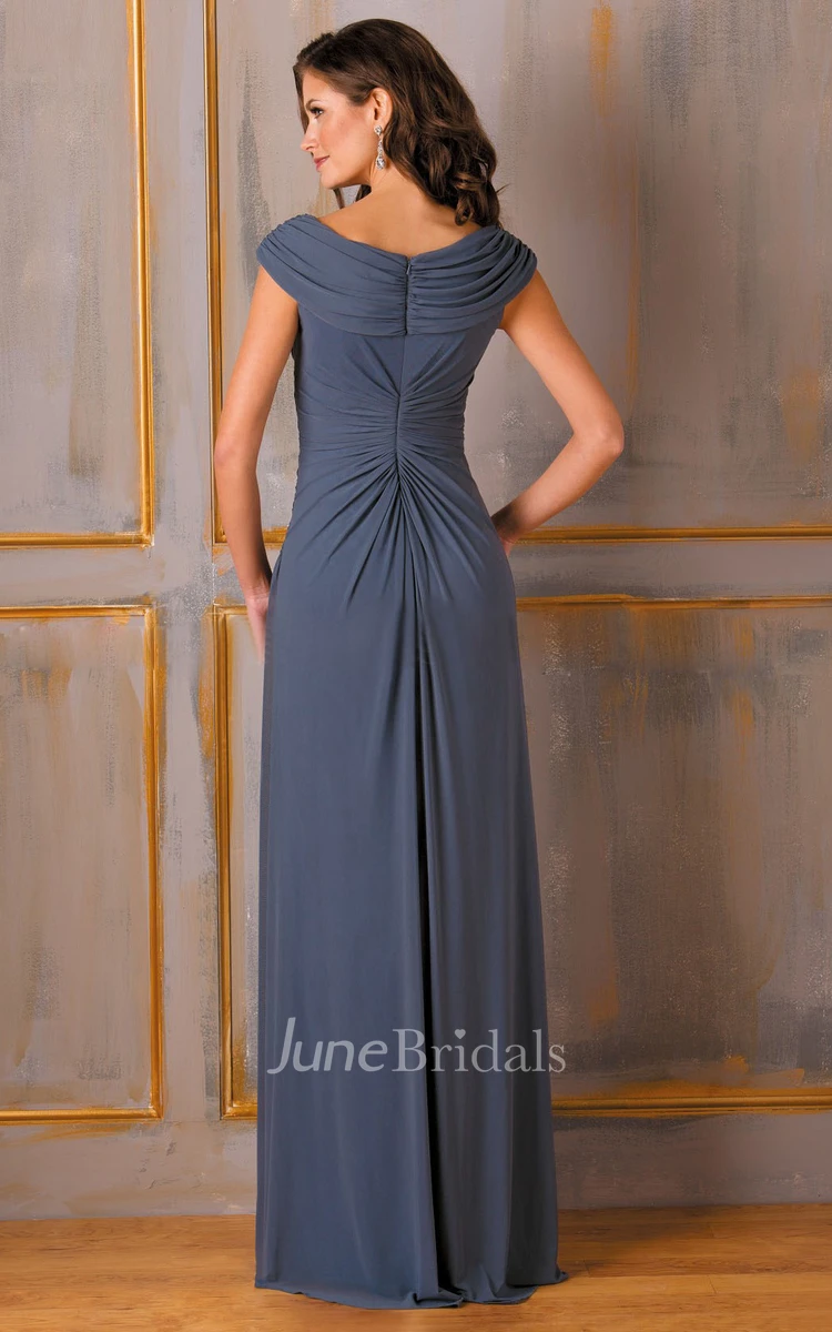 Scoop-neck Cap-sleeve Ruched Mother of the Bride MOB Dress With Appliques