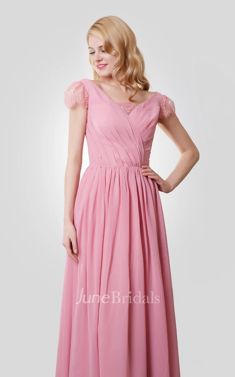 Chiffon A-Line Long Dress With V-Neck and Cap Lace Sleeves
