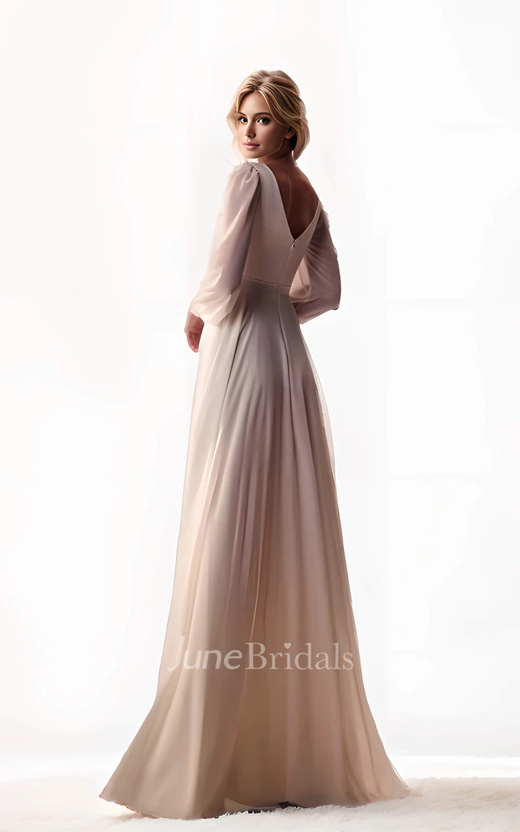 Simple Elegant Puff Long Sleeve Winter A-Line Maxi Wedding Dress Modern Minimalist Chiffon V-Neck Split Front Ruching Floor Garden Civil Courthouse Bridal Gown