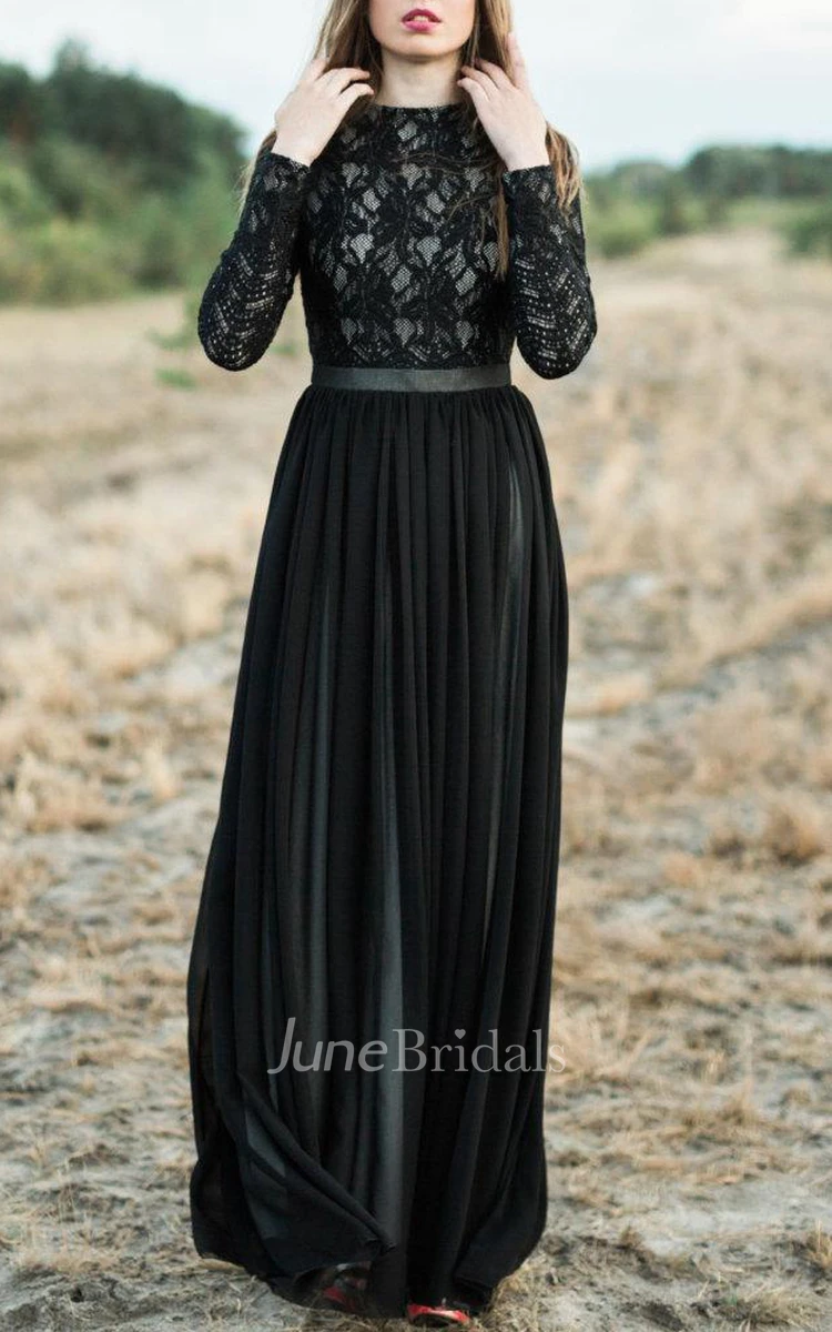 A-line Long Sleeve Chiffon&Lace Dress With Tiers