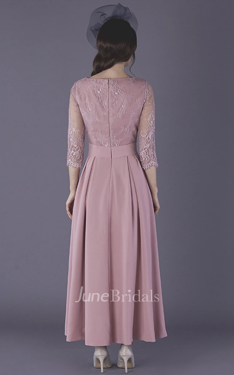Ankle Length 3/4 Illusion Sleeve Chiffon Mother Of The Bride Dress
