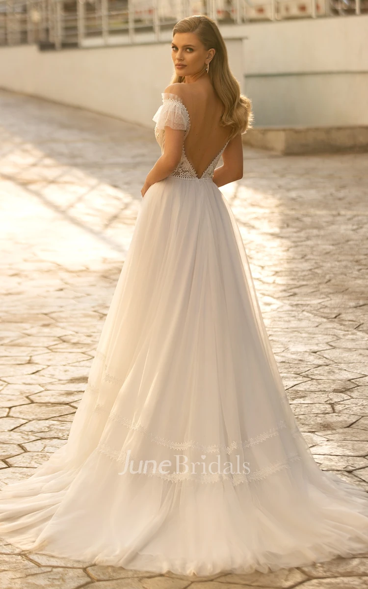 Modern A Line V-neck Lace Court Train Wedding Dress with Appliques