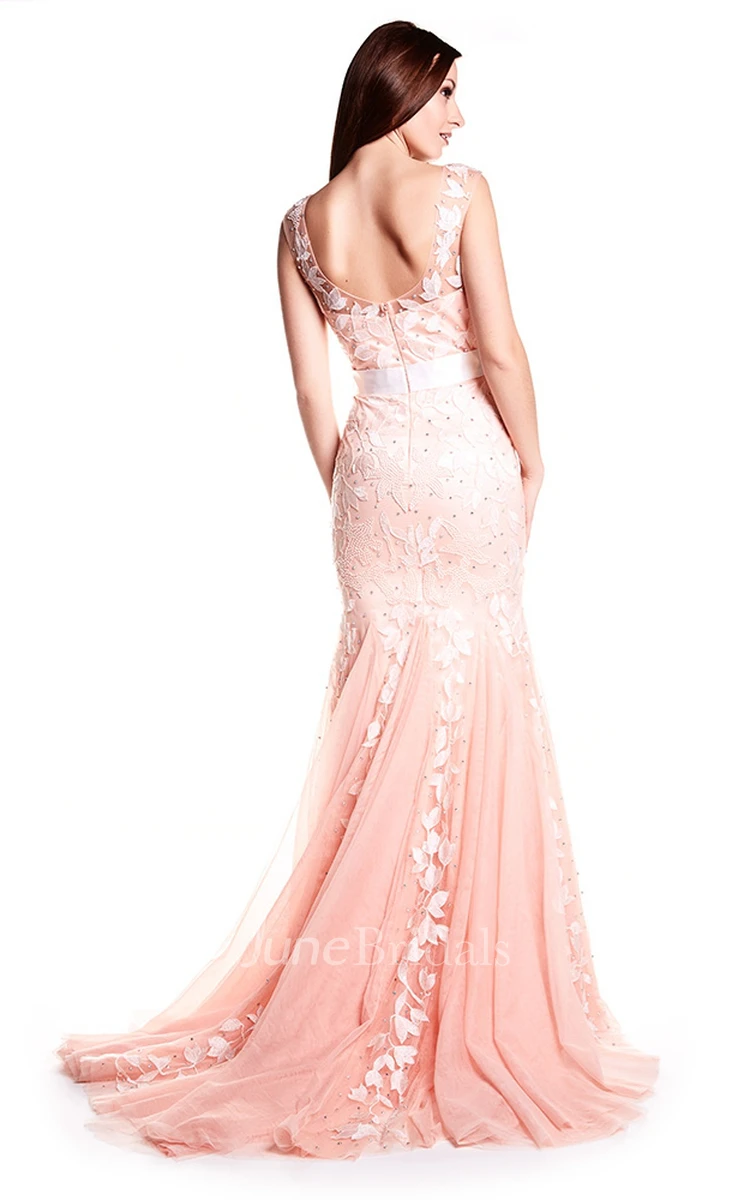 Sheath Floor-Length Bateau-Neck Embroidered Cap-Sleeve Tulle&Satin Prom Dress With Ribbon
