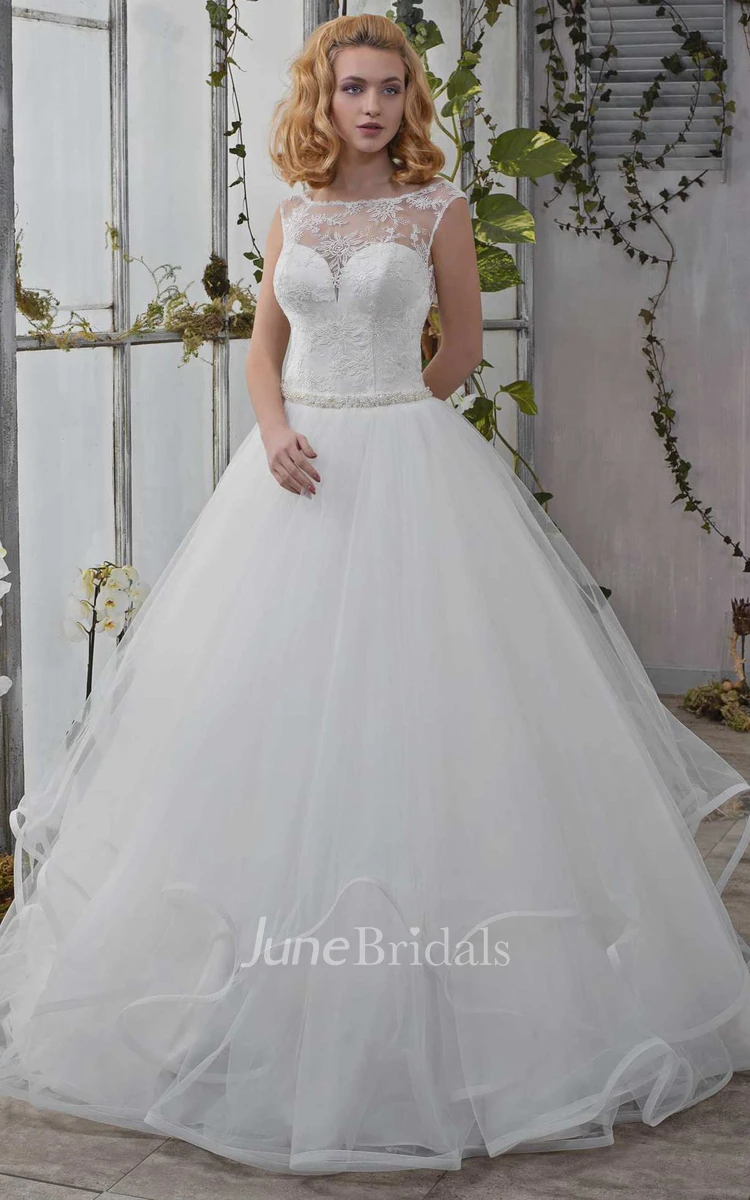 Bateau Cap-Sleeve Tulle Ball Gown Ruffled Wedding Dress With Beading And Lace