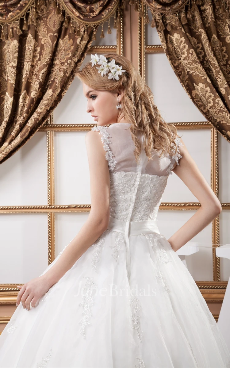 Sleeveless Tulle Ball Gown with Appliques and Illusion Neckline