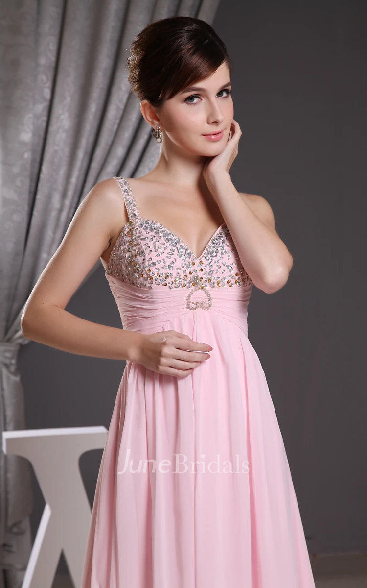 Chiffon Empire Floor-Length Dress With Beading and Ruched Waist