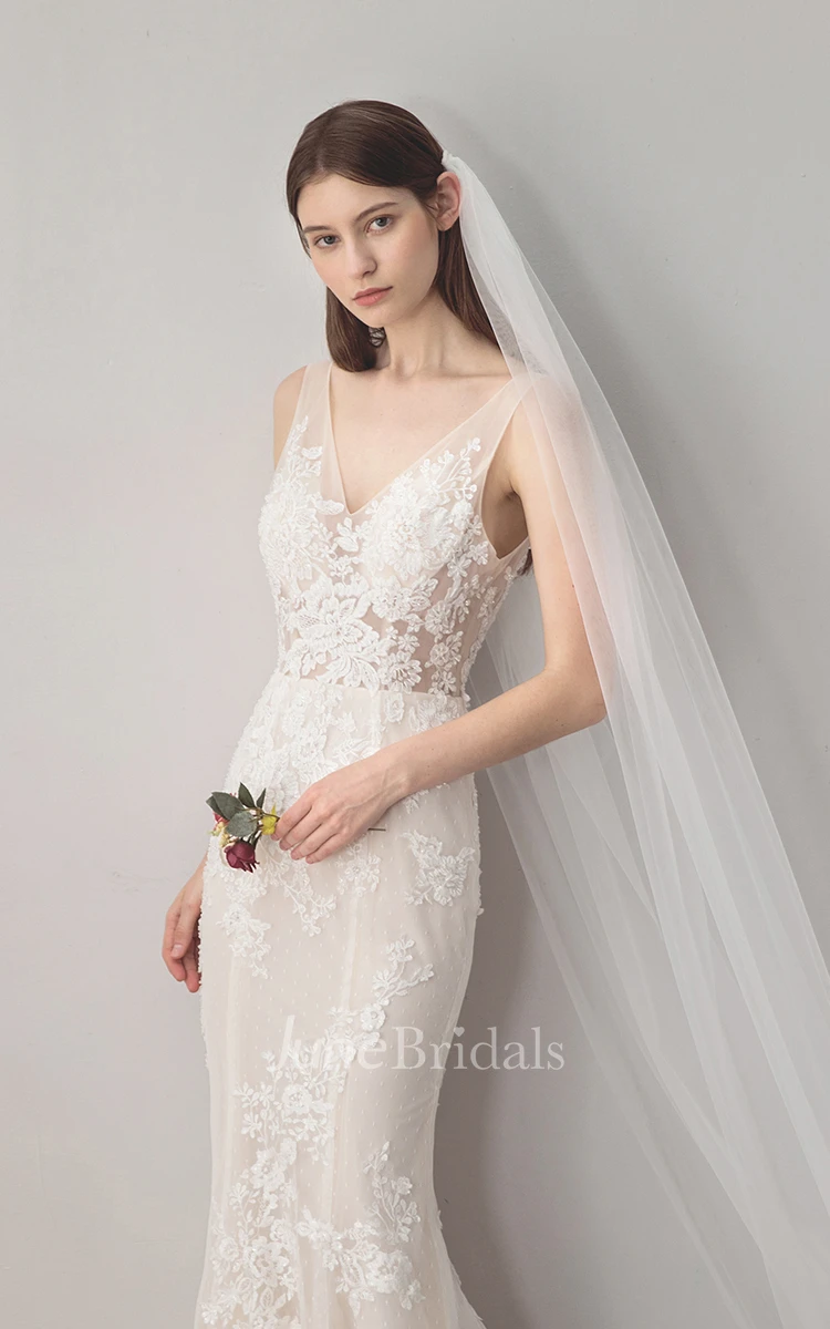 Deep V-back Sleeveless Simple Mermaid Wedding Dress With V-neck Lace And Illusion Top