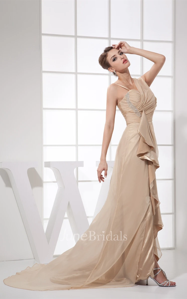 Asymmetrical Ruched Maxi Gown with Draping and Brush Train