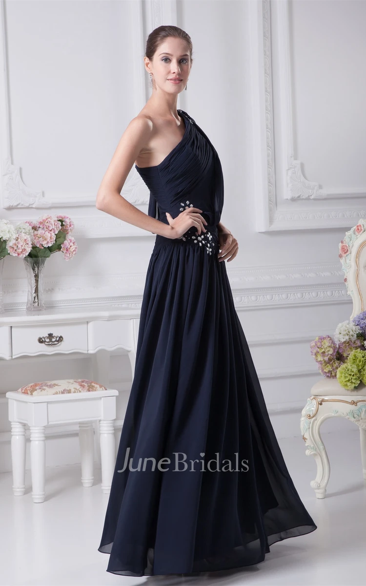 One-Shoulder Chiffon Pleated Gown with Beading and Corset Back