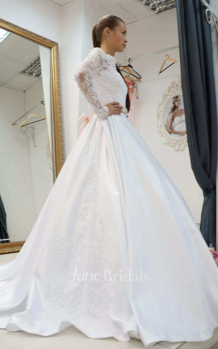 Bateau Illusion Long Sleeve Satin A-Line Wedding Dress With Bow And Sweep Train