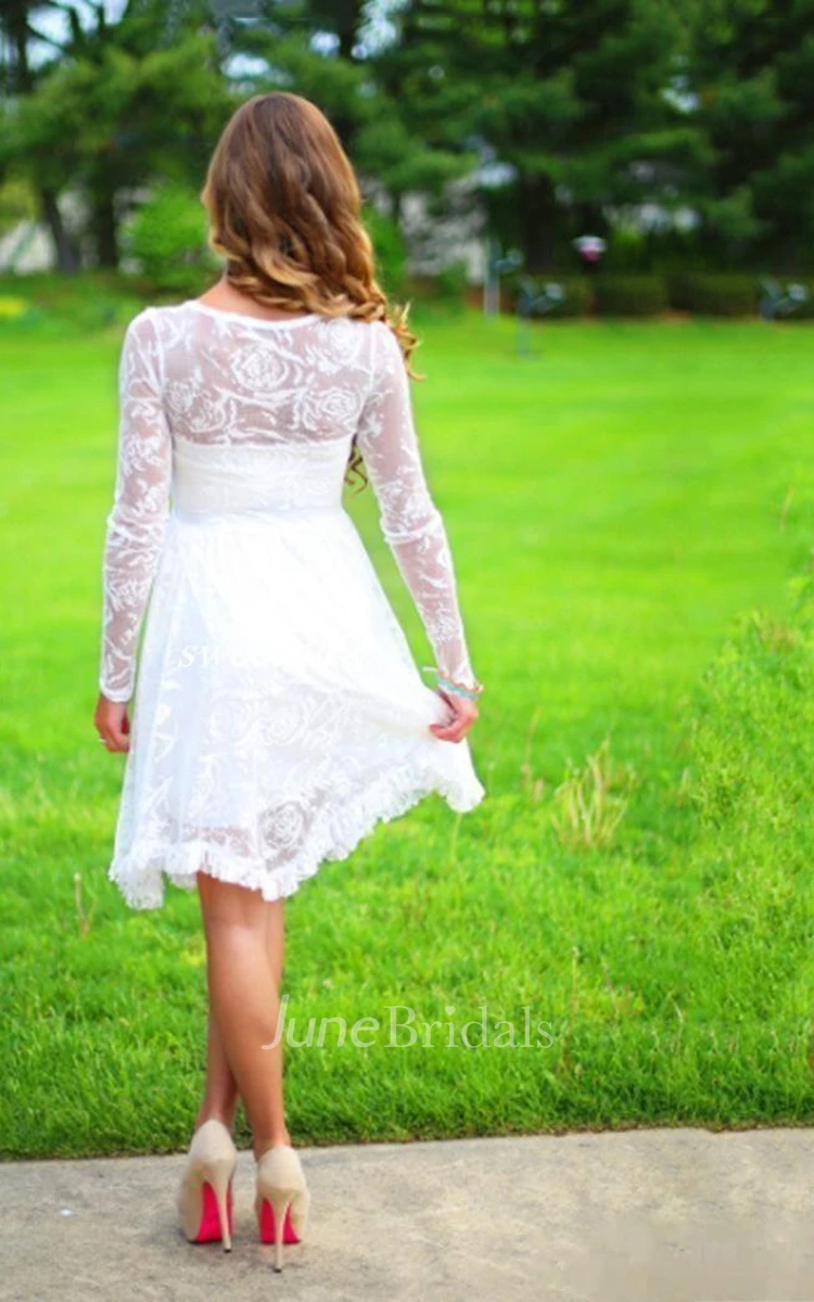 Casual Lace Beach Long Sleeve Knee-Length Mini Wedding Dress with Beadings