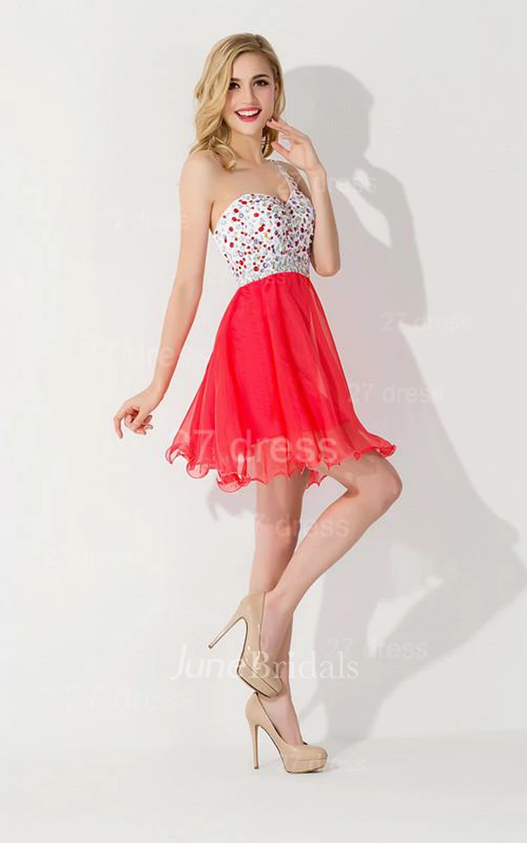 Luxurious One-shoulder Sleeveless Short Cocktail Dress Crystals Chiffon Red Chiffon Homecoming Gown