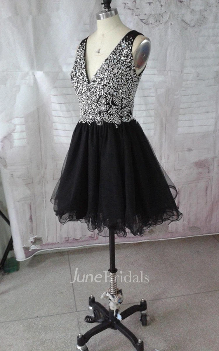 A-line Short V-neck Tulle Dress With Beading
