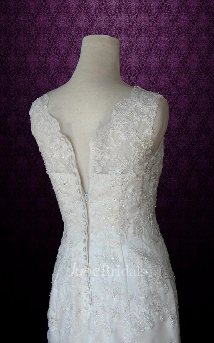Scalloped Button Back Mermaid Lace Wedding Dress With Sash And Crystal Detailing