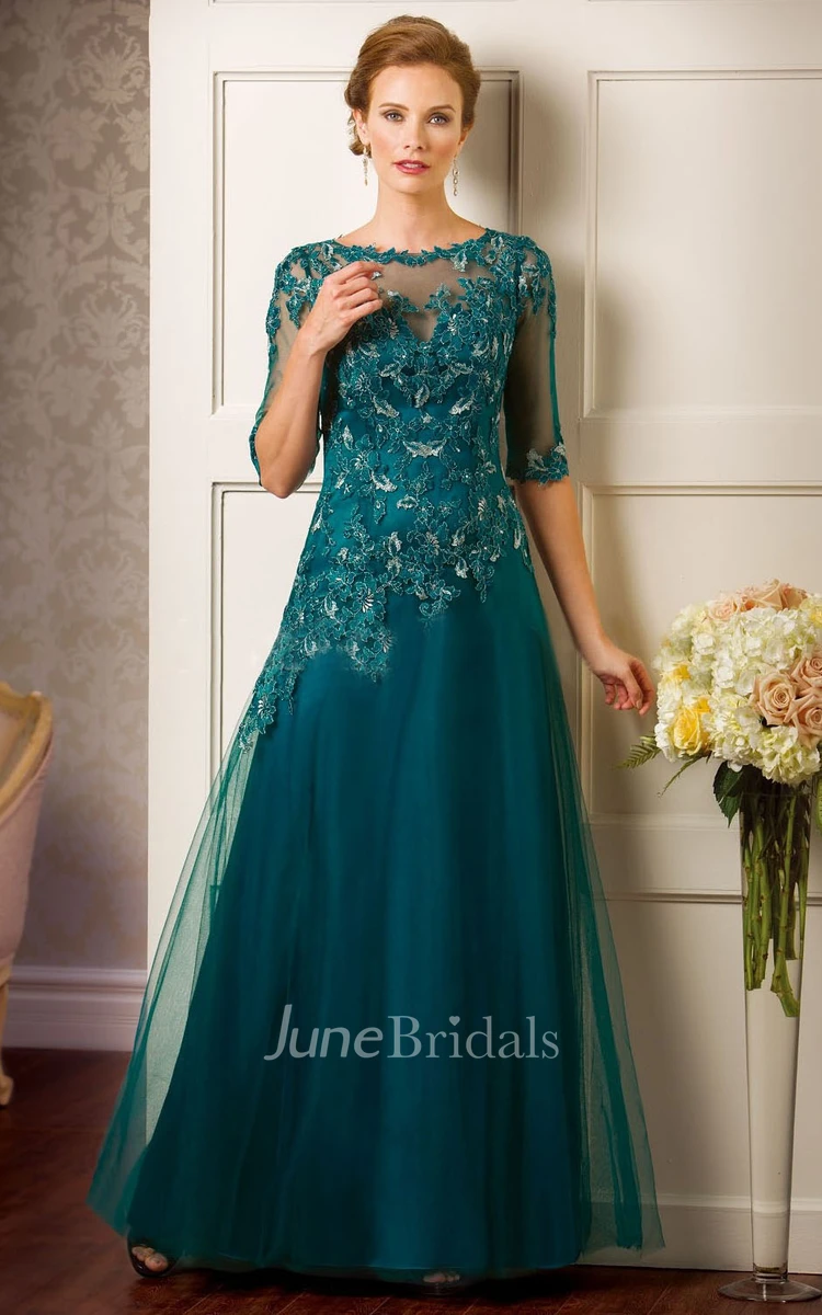Scoop-neck Half Sleeve Tulle MOB Mother of the Bride Dress With Appliques