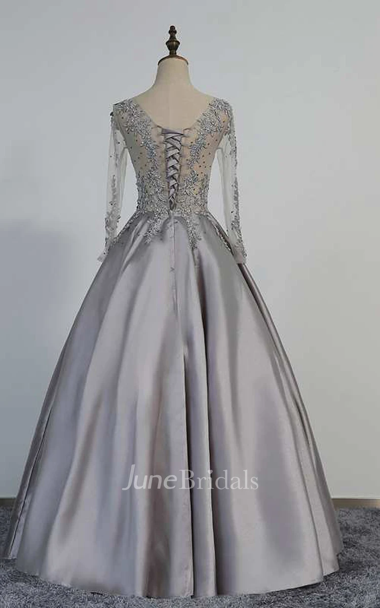 Illusion Long Sleeve V Neck Pleated Satin Ball Gown With Lace Detailing