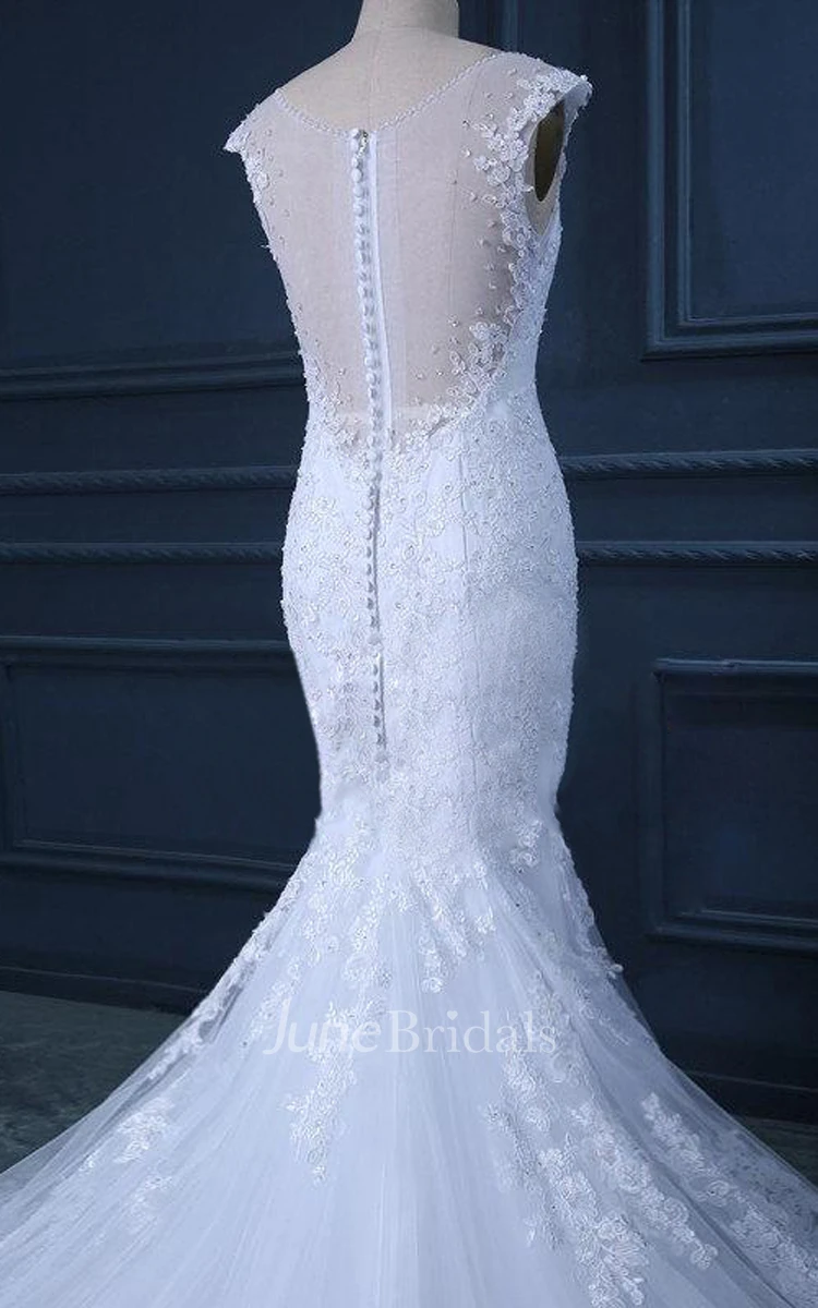 Mermaid Cap Tulle Dress With Appliques And Illusion Back