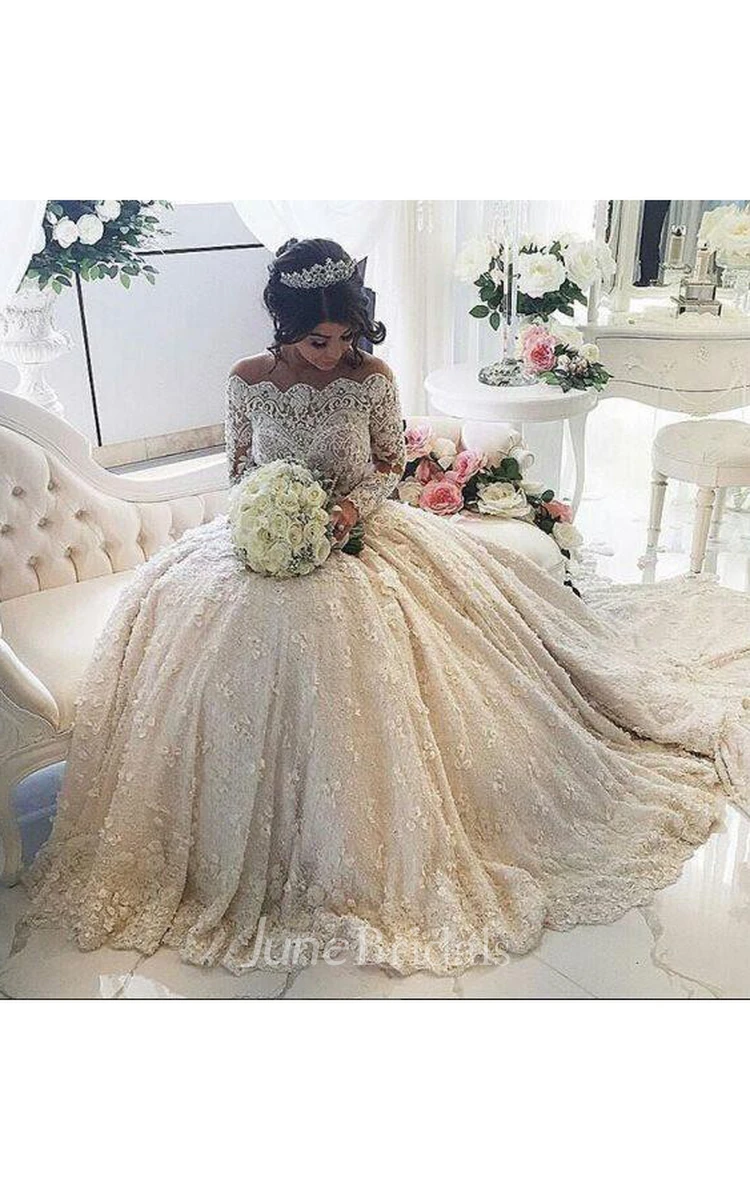 Beautiful Lace Long Sleeve Princess Wedding Dresses Ball Gown With Appliques