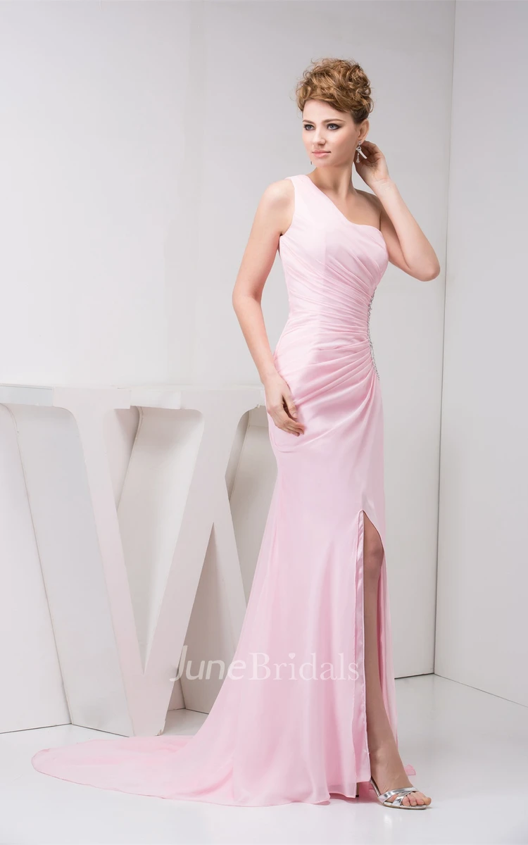 Blushing One-Shoulder Front-Split Dress with Keyhole and Brush Train