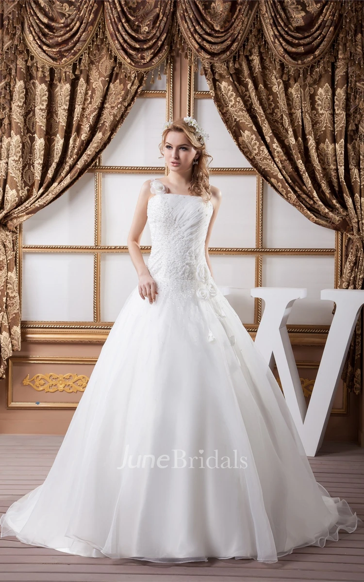 Sleeveless Tulle A-Line Gown with Flower and Gemmed Top