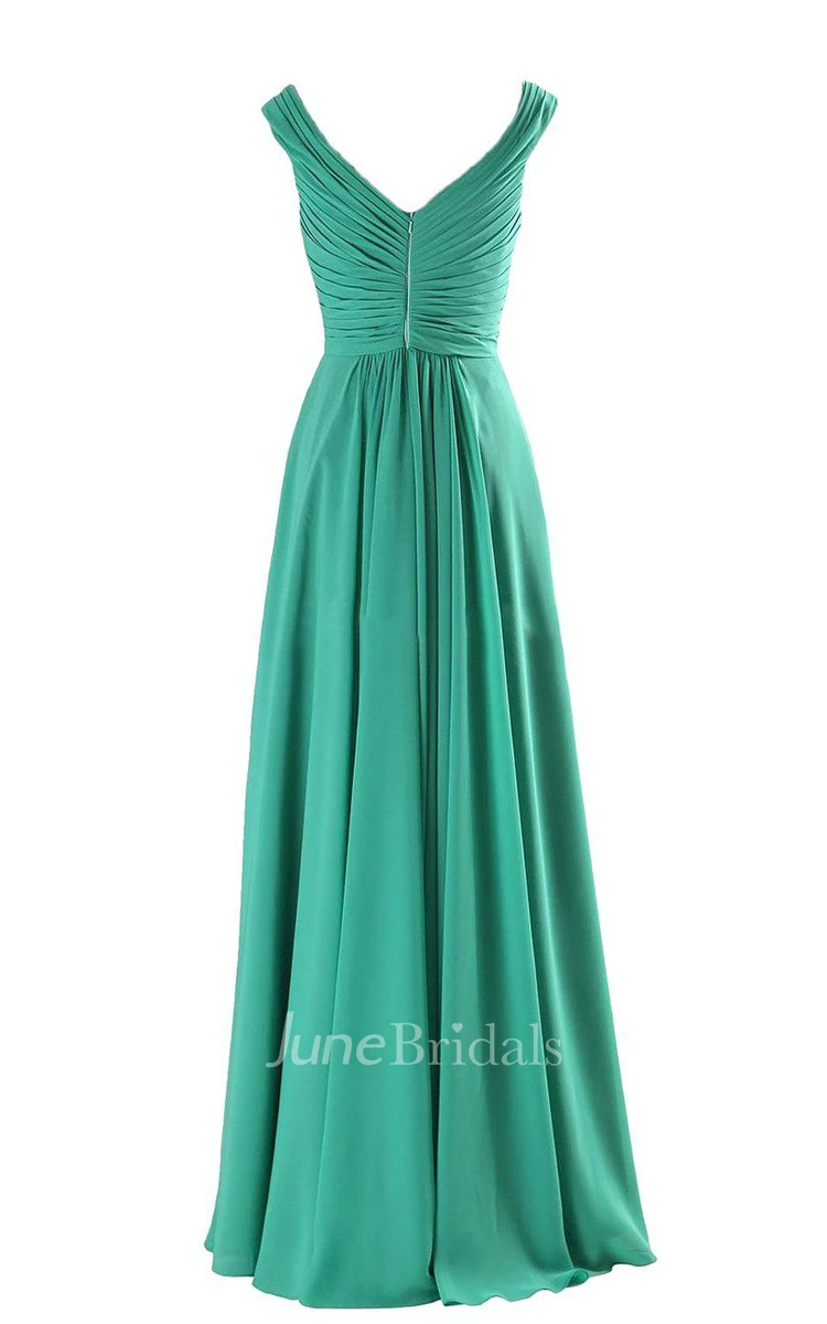 V-neck A-line Long Chiffon Gown With Pleats and Beadings