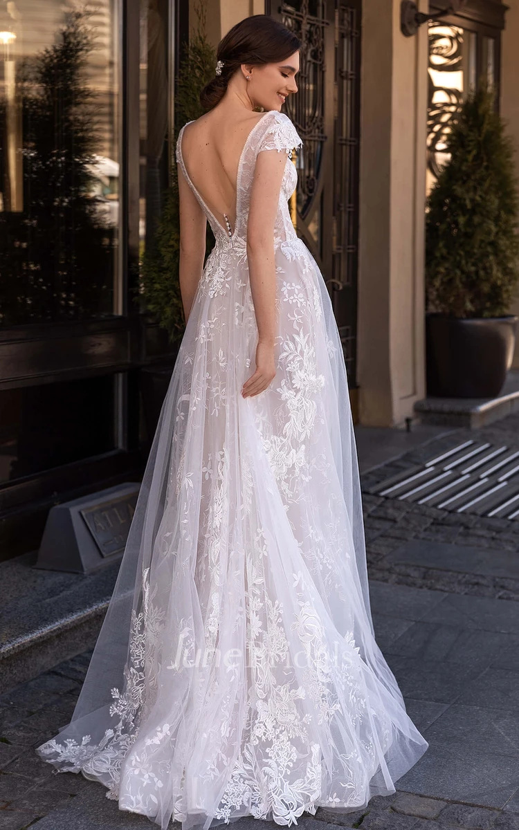 Elegant A Line Lace V-neck Wedding Dress With Short Sleeve And Deep-V Back