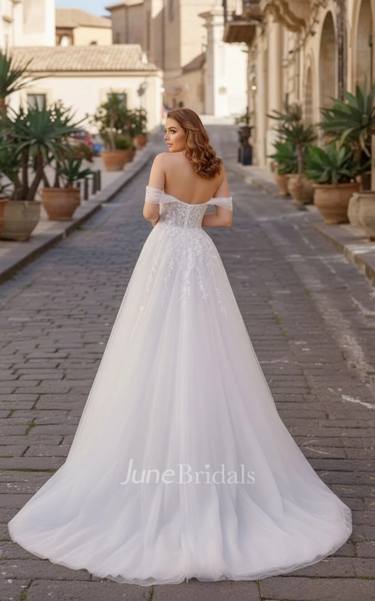 Romantic Off Shoulder A-Line Spring Wedding Dress with Plunging Neckline Elegant Lace Tulle Court Train