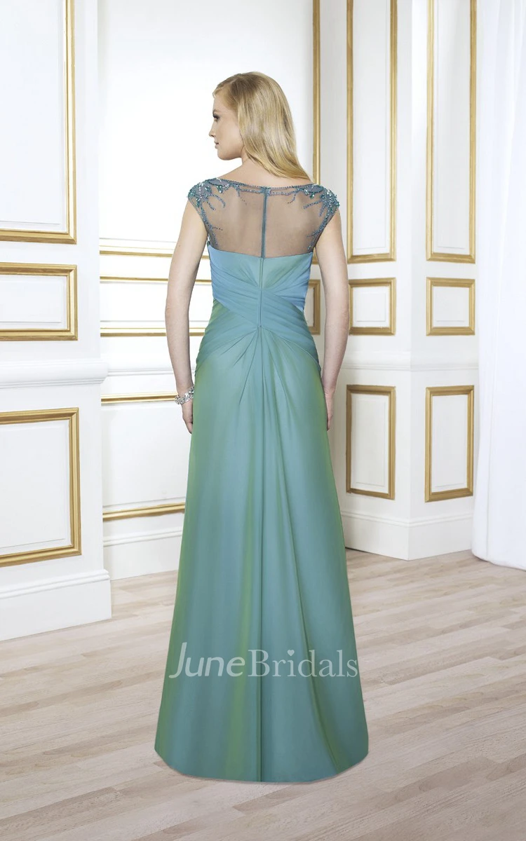 Cap-Sleeve Maxi Scoop-Neck Ruched Satin Formal Dress With Beading