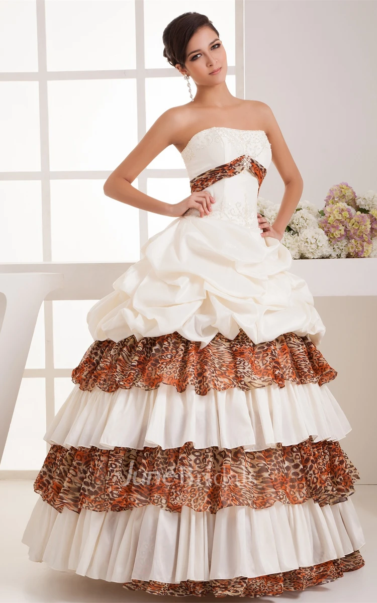 Strapless Leopard Pick-Up Gown with Tiers and Appliques