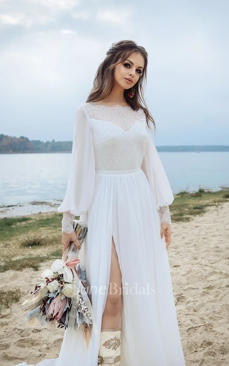 Beach Modest Simple Boho A-Line Wedding Dress Western Floral Lace Cuffs Poet Long Sleeve Backless Bridal Gown