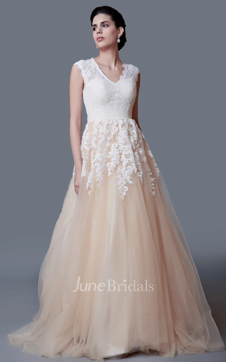 Modest A-line Lace Long Wedding Dress with Cap Sleeves