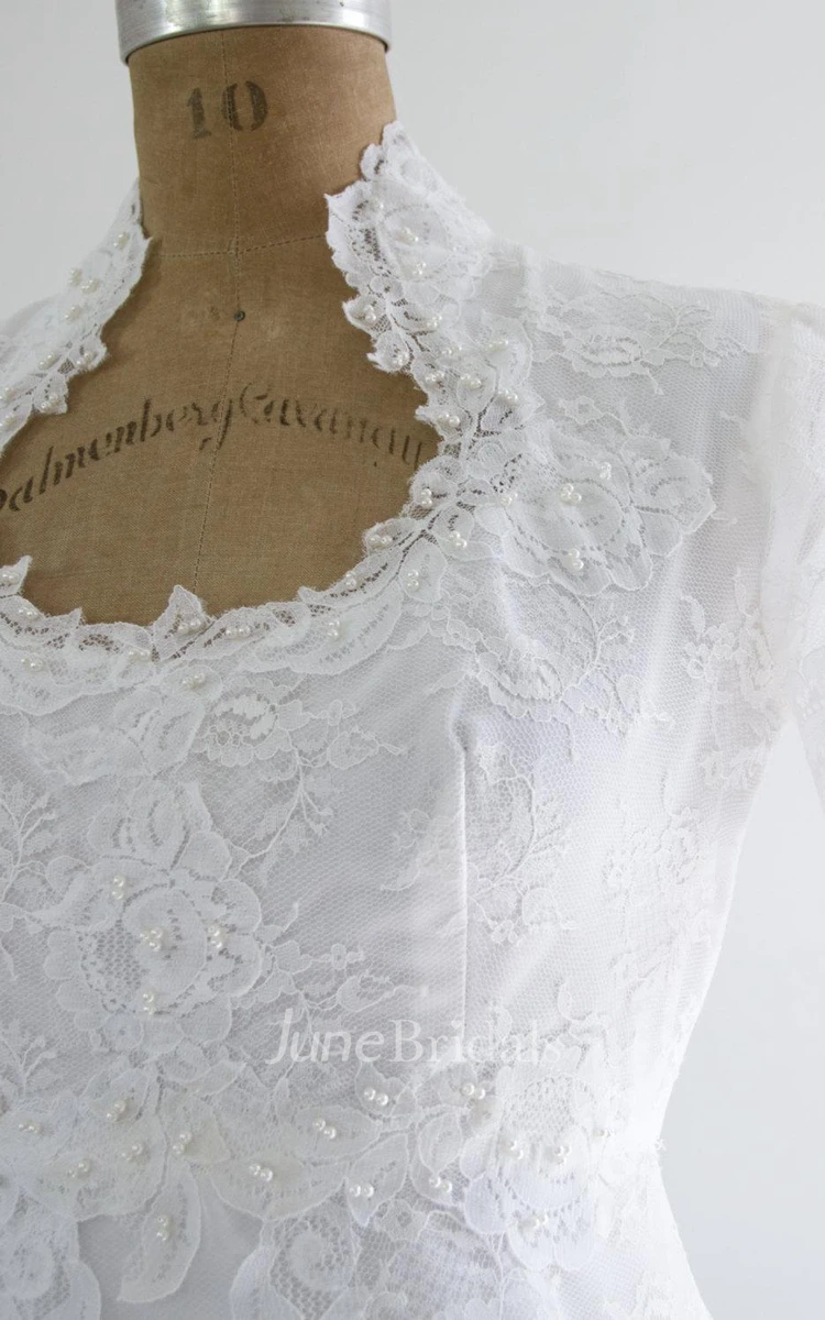 Vintage Queen Anne Neck Short Sleeve Lace Wedding Dress