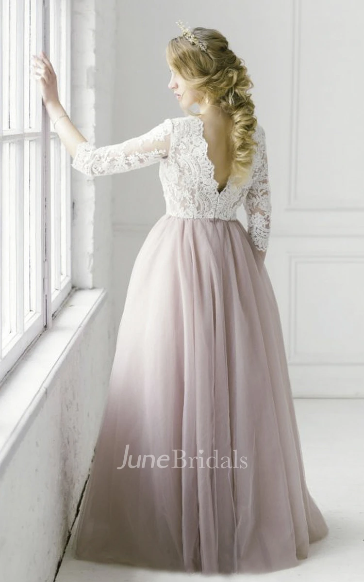 Lace V-neck 3/4 Sleeve Adorable Tulle Wedding Dress