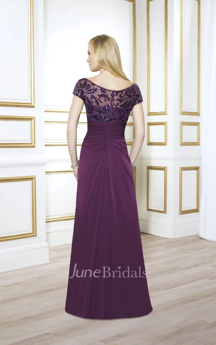 Cap Sleeve Sequined Chiffon Formal Dress With Draping And Illusion Back
