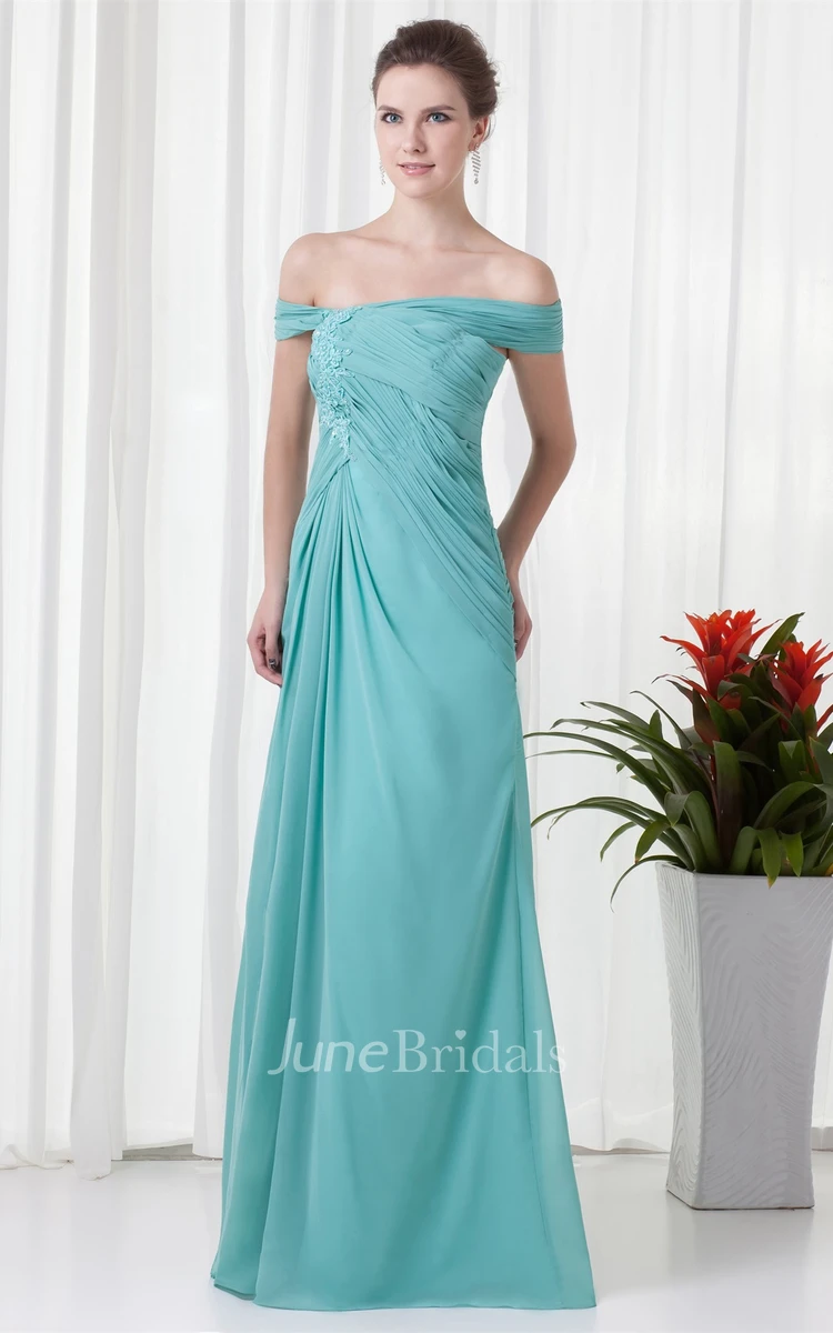 Off-The-Shoulder Chiffon Front-Split Dress with Ruching and Appliques