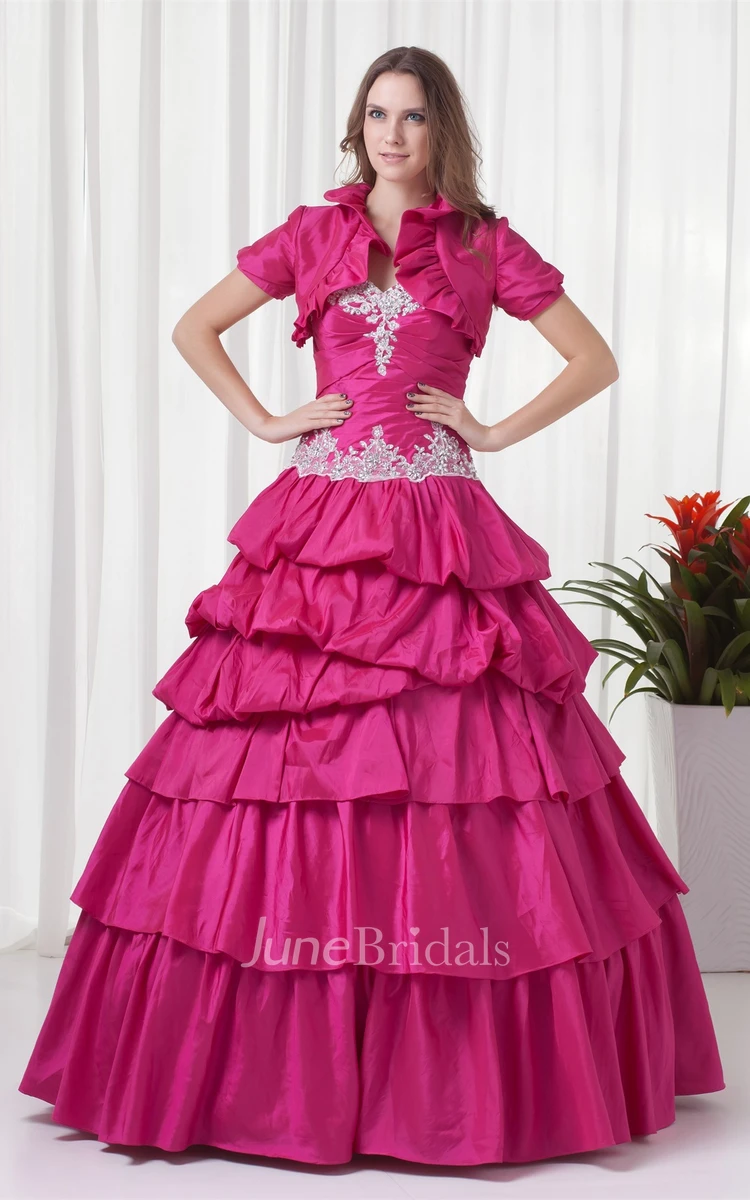 sweetheart a-line ball tiered gown with ruching and appliques